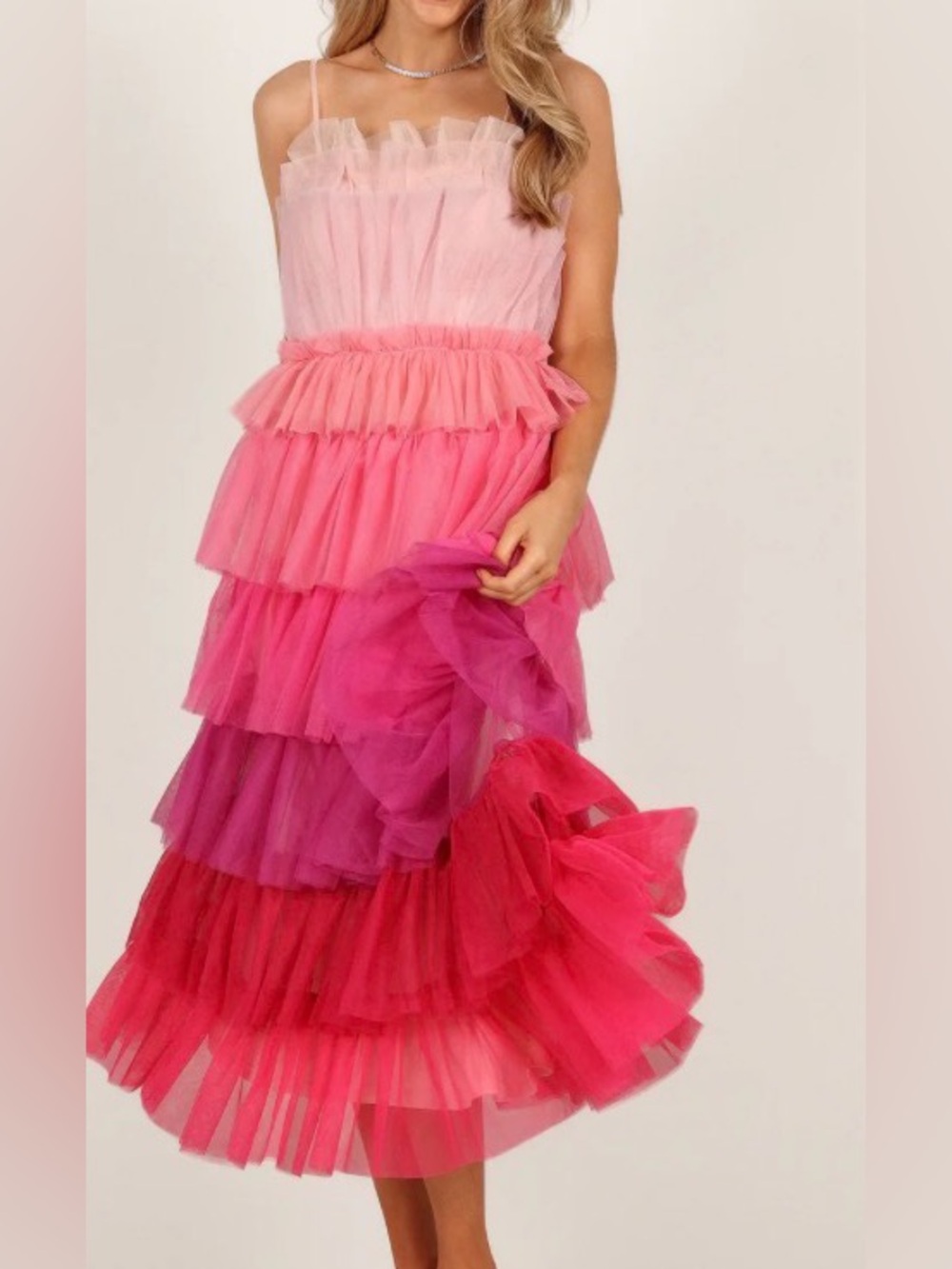 Minnie Tiered Tulle Midi Dress - Pink
 Small Ombré tiered midi dress boho,fairy
